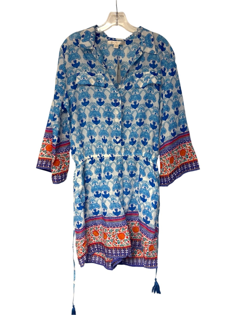 NWT Boston Proper Boho Printed Romper Blue White Tassel Waist Medium